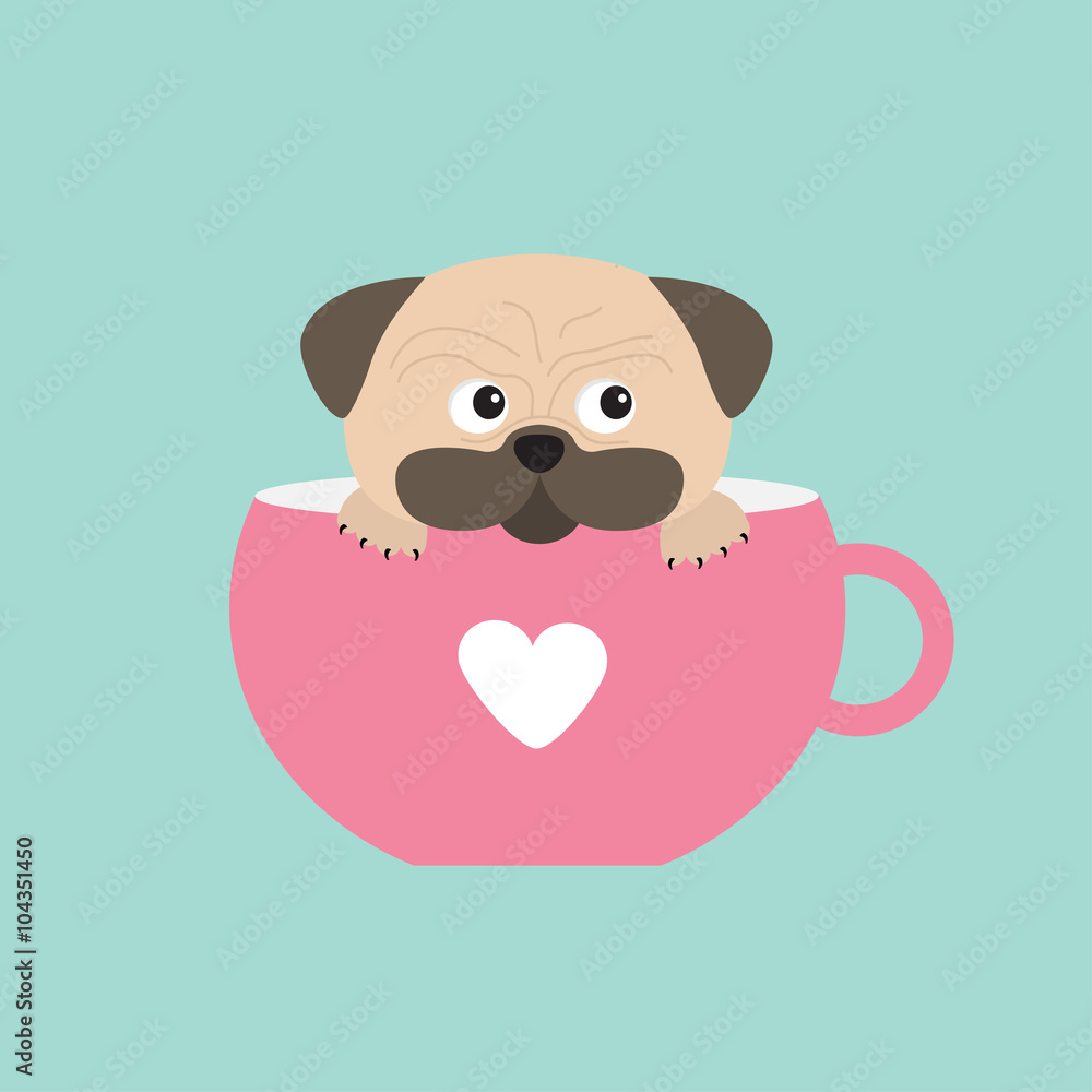 Pug dog mops paw sitting in pink cup with heart. Cute cartoon character. Flat design. Isolated. Blue background. Pug dog mops paw sitting in pink cup with heart. Cute cartoon character. Flat design. Isolated. Blue background.