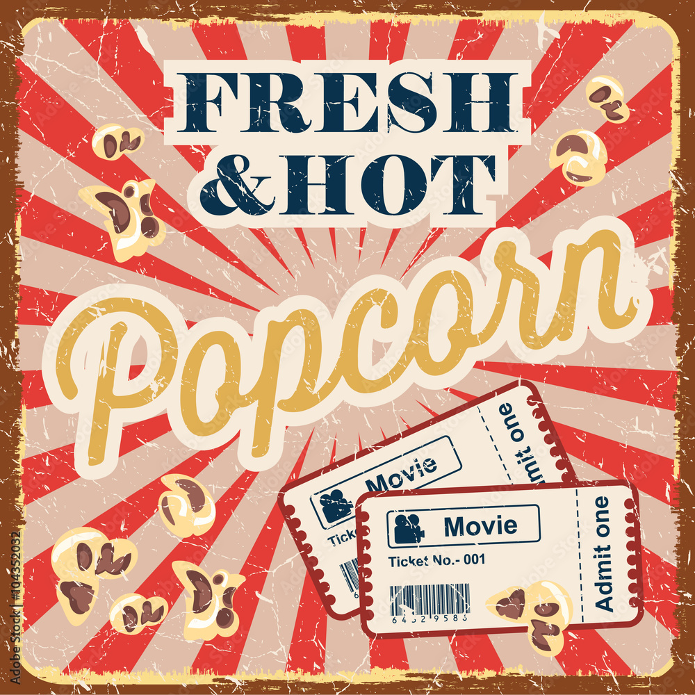 Obraz premium Vintage style poster with popcorn, movie time concept