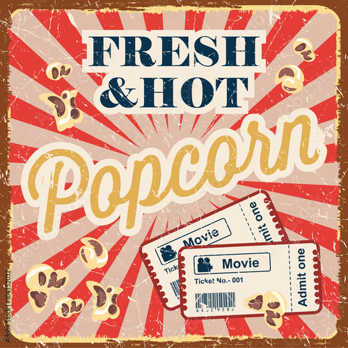 Vintage style poster with popcorn, movie time concept