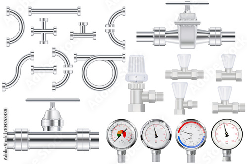 Metal pipes, chrome pipe flange,  Water valve. Manometer.