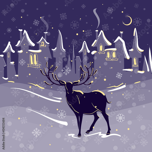 Beautiful deer christmas night snow town vector illustration