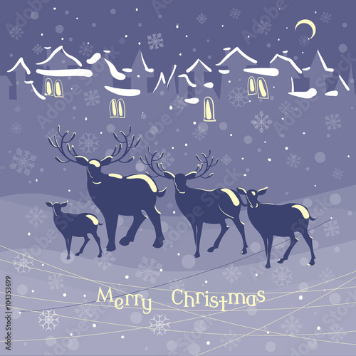 Christmas reindeer animal family christmas night snow town vinta