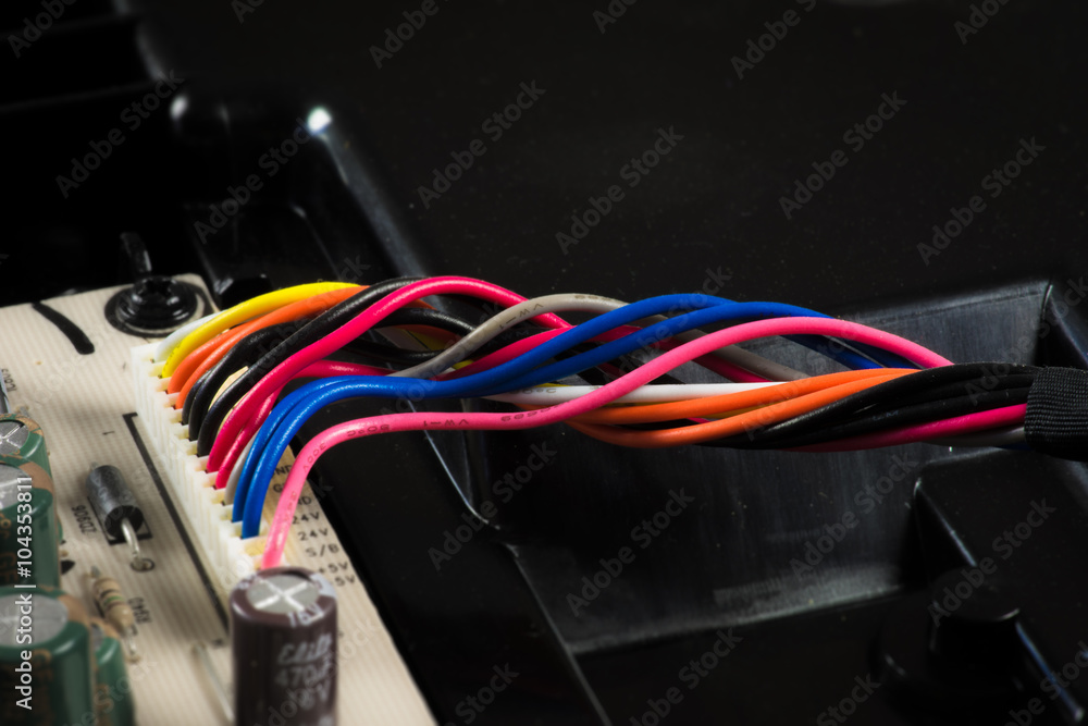 Colorful wires on a motherboard Colorful wires on a motherboard