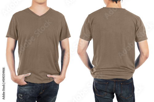 Close up of man in front and back brown shirt on white backgroun