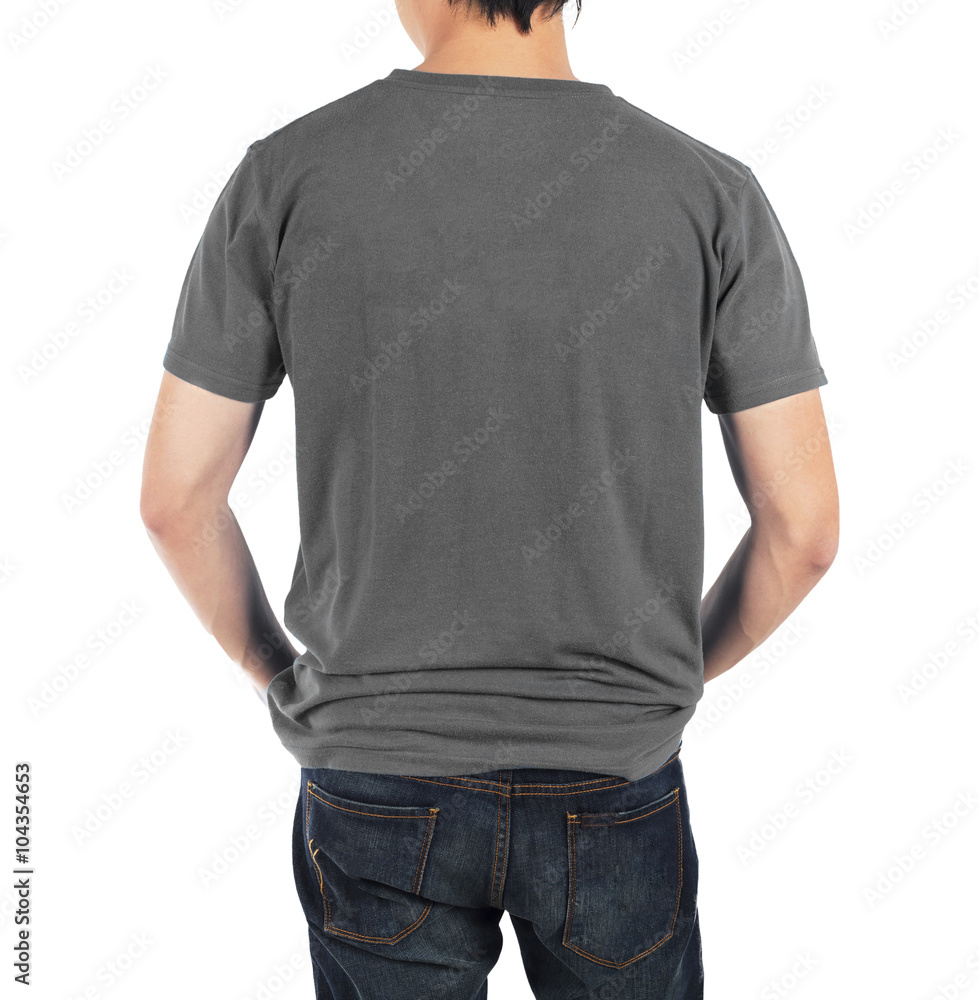 Obraz premium Close up of man in back grey shirt on white background.