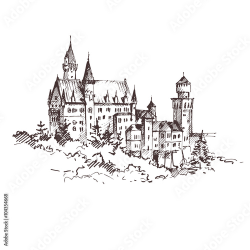 Hand drawn famous old Castle, Germany. Vector illustration.