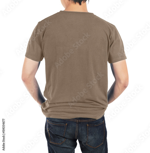 Close up of man in back brown shirt on white background. photo