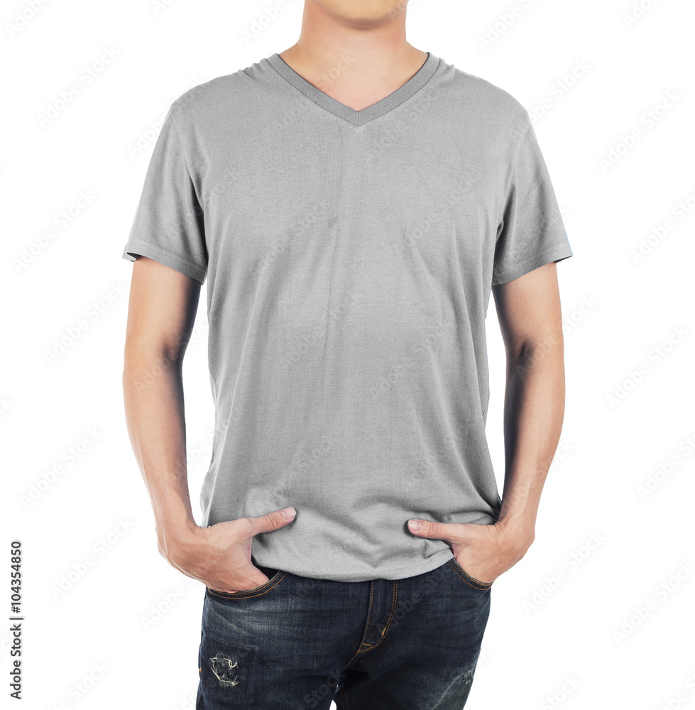 Close up of man in front light grey shirt on white background. Close up of man in front light grey shirt on white background.