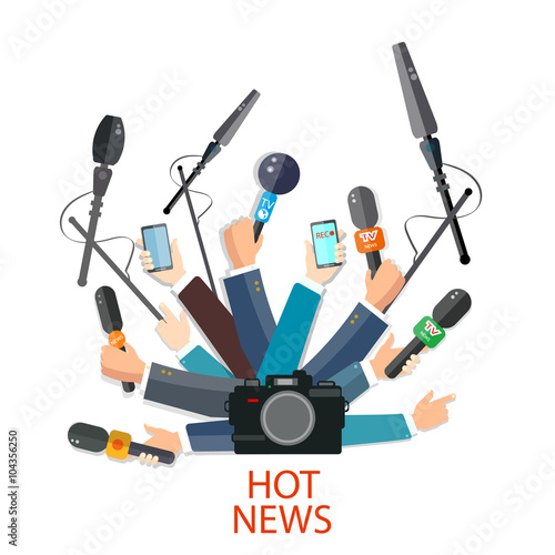 Hot news concept hands holding microphones and smartphones