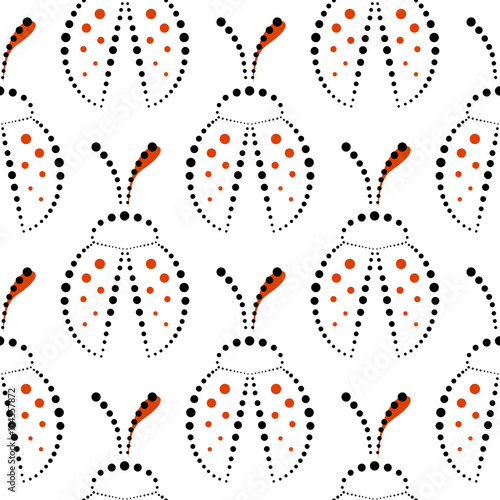 Seamless vector pattern with insects,  symmetrical black, red and white background with decorative closeup ladybugs,  on the blue backdrop. Series of Animals and Insects Seamless Patterns. photo