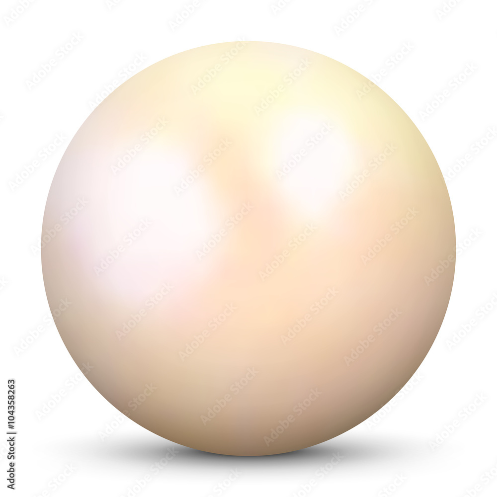 Schöne, cremefarbene 3D Vektor Perle isoliert auf weißem Hintergrund. Designelement für Beauty, Wellness und Spa Design. Zuchtperle, Muschelperle, Austernperle.