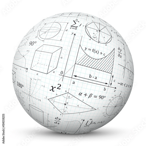 Obraz na płótnie Weiße 3D Kugel mit mathematischen Formeln - Vektor Ball mit Mathe Textur. Formelsammlung auf karriertem Papier gemappt auf Oberfläche. Geometrie, Integral, Fläche. Geometrische Zeichen und Symbole. w salonie