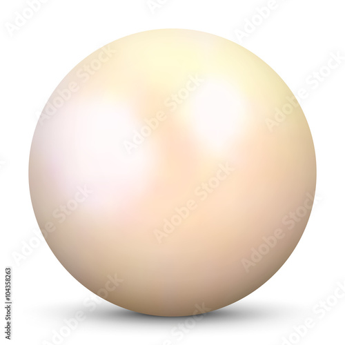 Schöne, cremefarbene 3D Vektor Perle isoliert auf weißem Hintergrund. Designelement für Beauty, Wellness und Spa Design. Zuchtperle, Muschelperle, Austernperle.