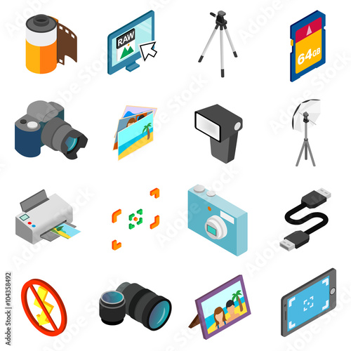 Photography icons set, isometric 3d style