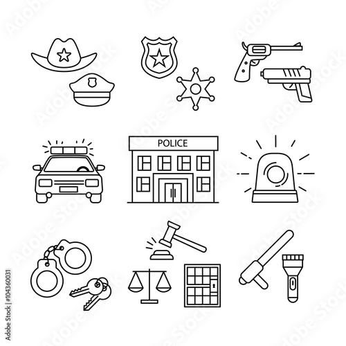 Police building, car, court and law enforcement