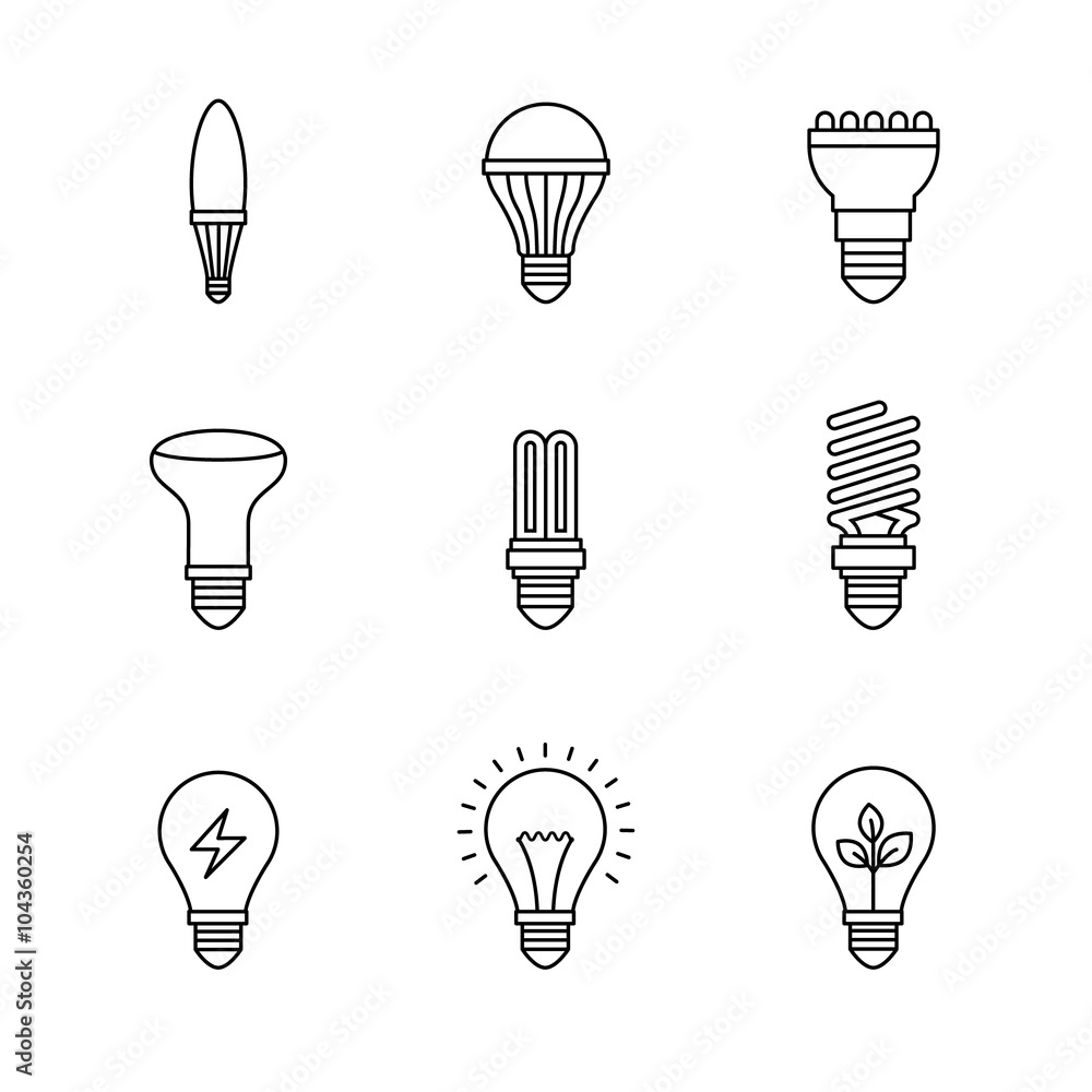 Light bulb icons thin line art set Light bulb icons thin line art set