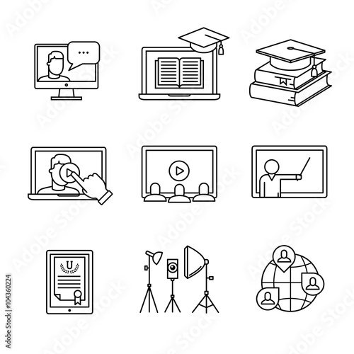 Online seminar icons thin line art set