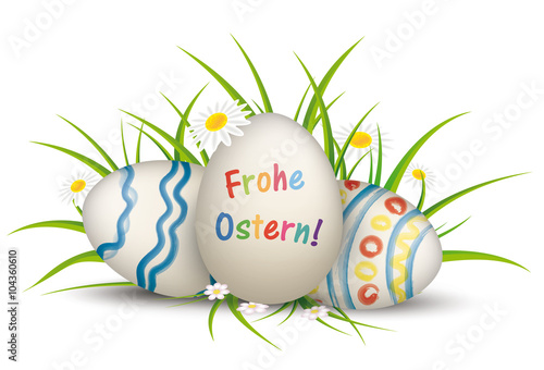 3 Easter Egss Grass Flowers Frohe Ostern