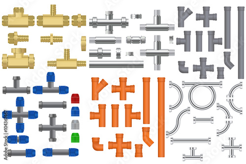 Pipes set. Metal pipe, bronze pipe, chrome pipes with fitting, Quick Connector.