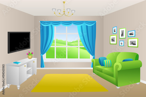 Living room blue green sofa pillows lamps window illustration vector