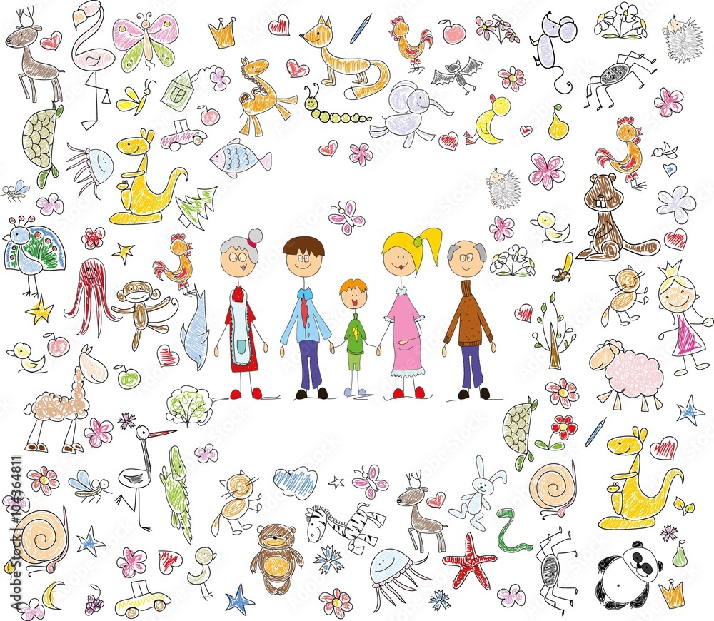 Children's drawings of doodle family, animals, people, flowers Children's drawings of doodle family, animals, people, flowers