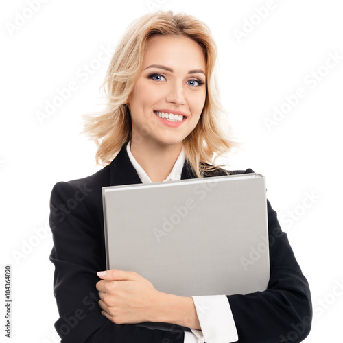 Young smiling businesswoman with grey folder
