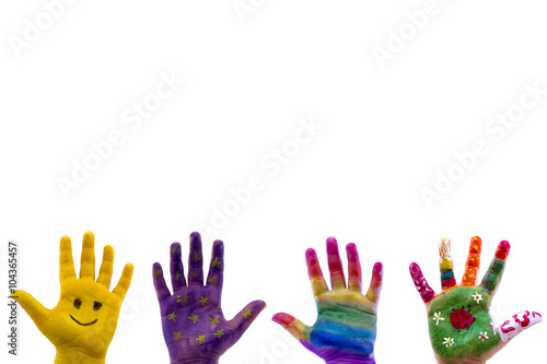 Child's hands painted watercolor on white background