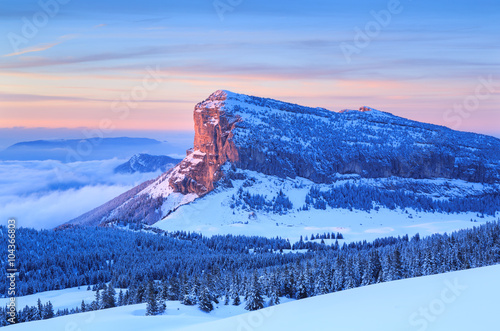 Billede på lærred Winter forest on mountain range in French Alps during a colorful sunset