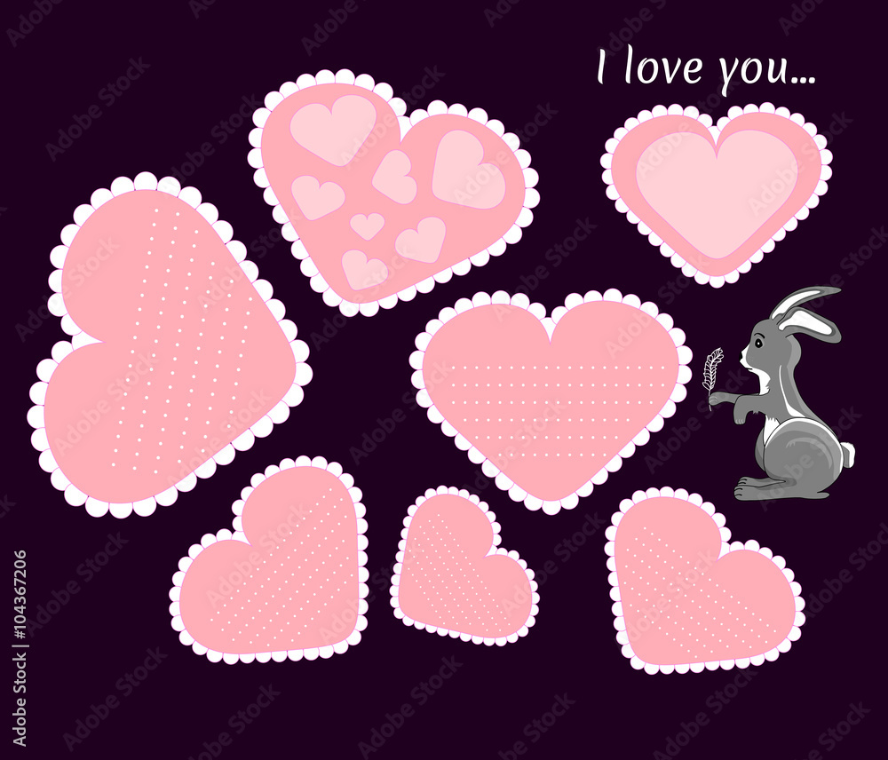 Set of beautiful vector valentines cards with cute bunny for the 14th February Set of beautiful vector valentines cards with cute bunny for the 14th February
