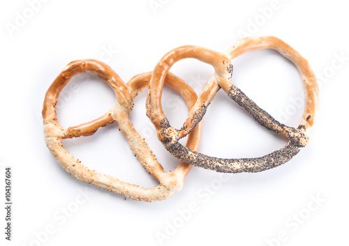 baked pretzel on white