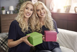 Blonde sisters holding two small gift