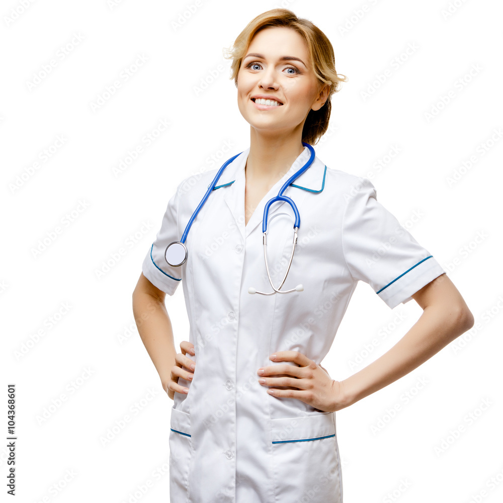 Woman doctor standing on white background Woman doctor standing on white background