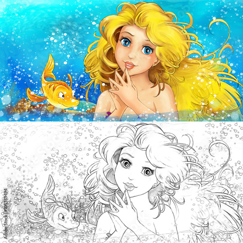 Cartoon marmaid in the sea - with coloring page - illustration for the children