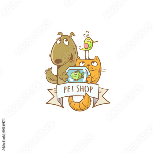 Pet shop logo.Cute cartoon dog, cat, parrot and aquarium with fector image.