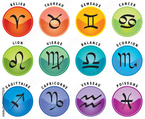 Signes du Zodiaque / 12 Icônes d'Astrologie avec leur Noms en Français 