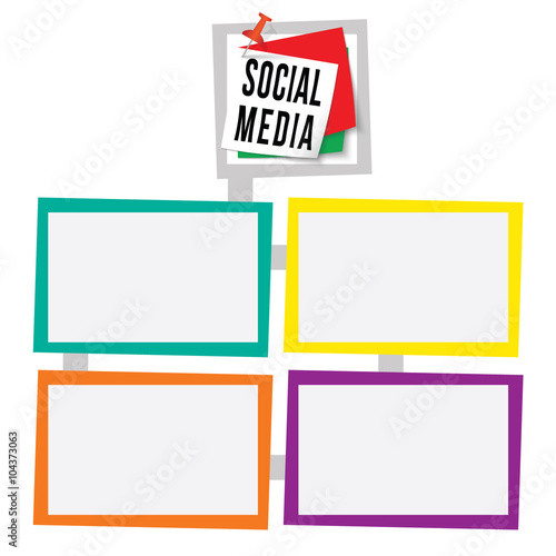 Four colored frames for your text with pushpin and social media