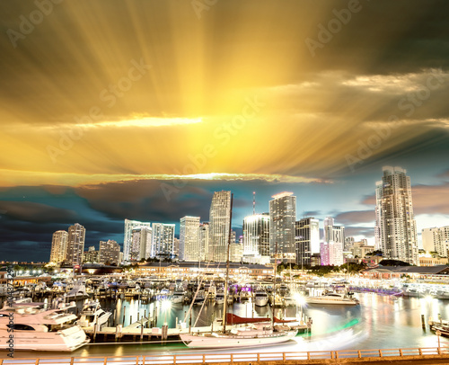 Skyline of Miami at night from Port Boulevard Bridge