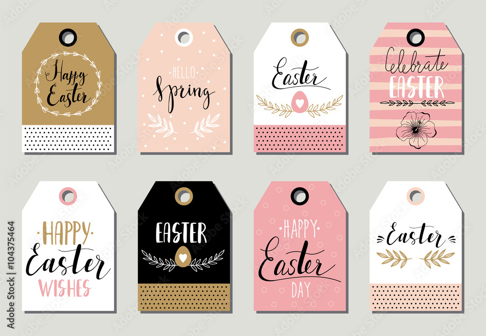 Easter gift tags with Easter greetings. Set of bright holiday labels.