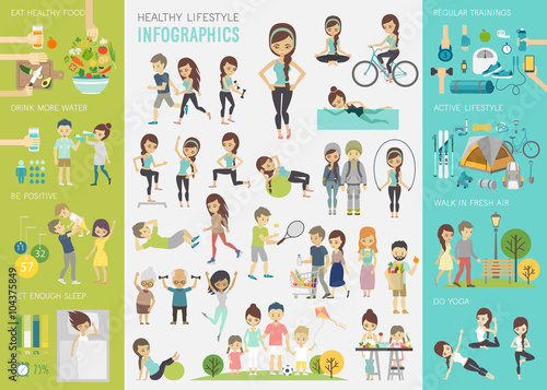 Healthy lifestyle infographic set with charts and other elements.
