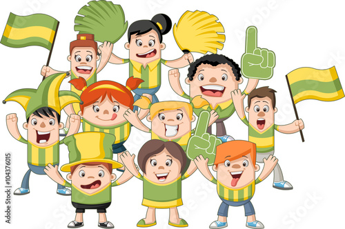 Group of cartoon sport fans and supporters cheering 
