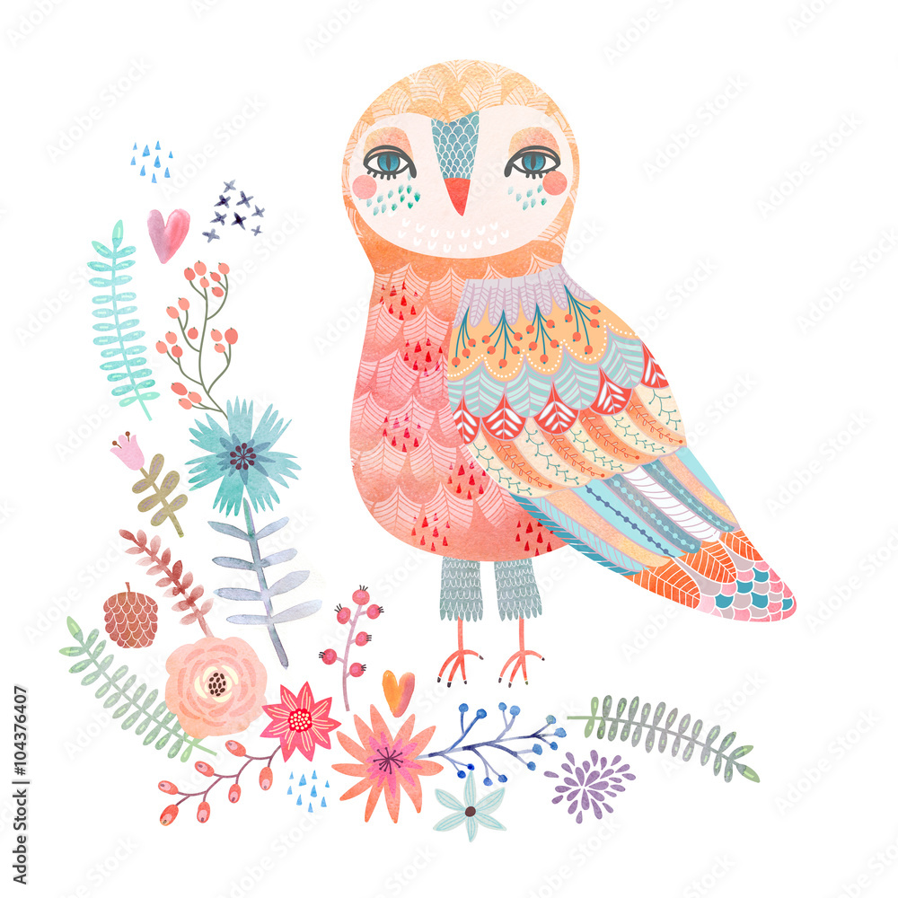 Fototapeta premium Watercolor floral background with a beautiful owl