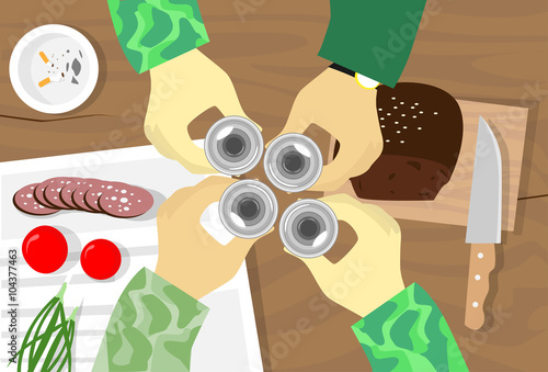 Military Hands Group Holding Vodka Glass Toast Top View