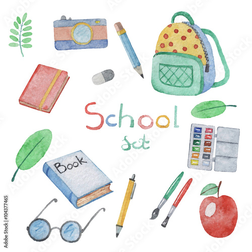 Watercolor hand drawn set of school items. Vector illustration.