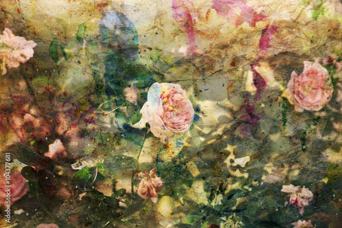 artwork with blooming pink roses and watercolor splashes