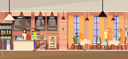 Casual People Group In Modern Cafe, Waitress Chatting, Couple Date, Students University Campus