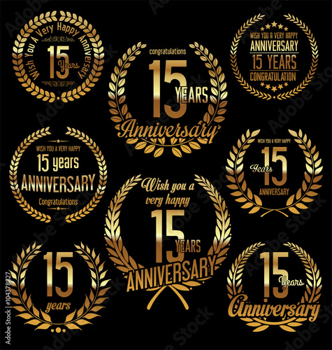 Anniversary golden laurel wreath retro vintage design 15 years