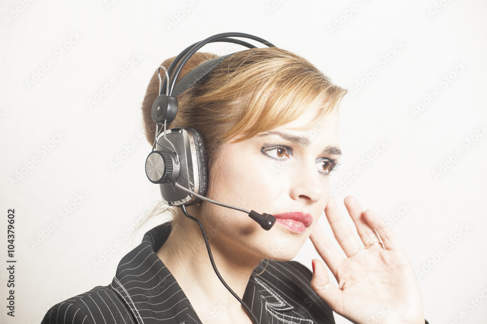 Support phone operator in headset at workplace Support phone operator in headset at workplace