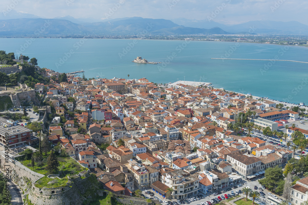 Panoramic view above the beautiful old town of Nafplio on a summ