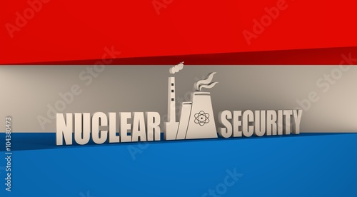 Atomic power station icon. Nuclear security text. Russia flag backdrop