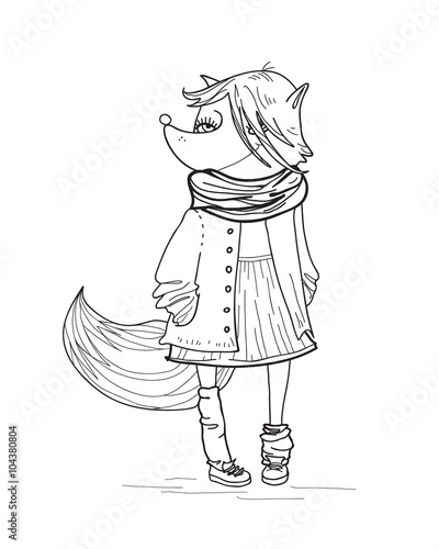Fox, hipster, teen girl. Fashion portrait of the animal in the youth clothing. Hand drawn vector illustration. Contour coloring. 